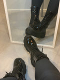 Black Patent Leather Chunky Combat Booties